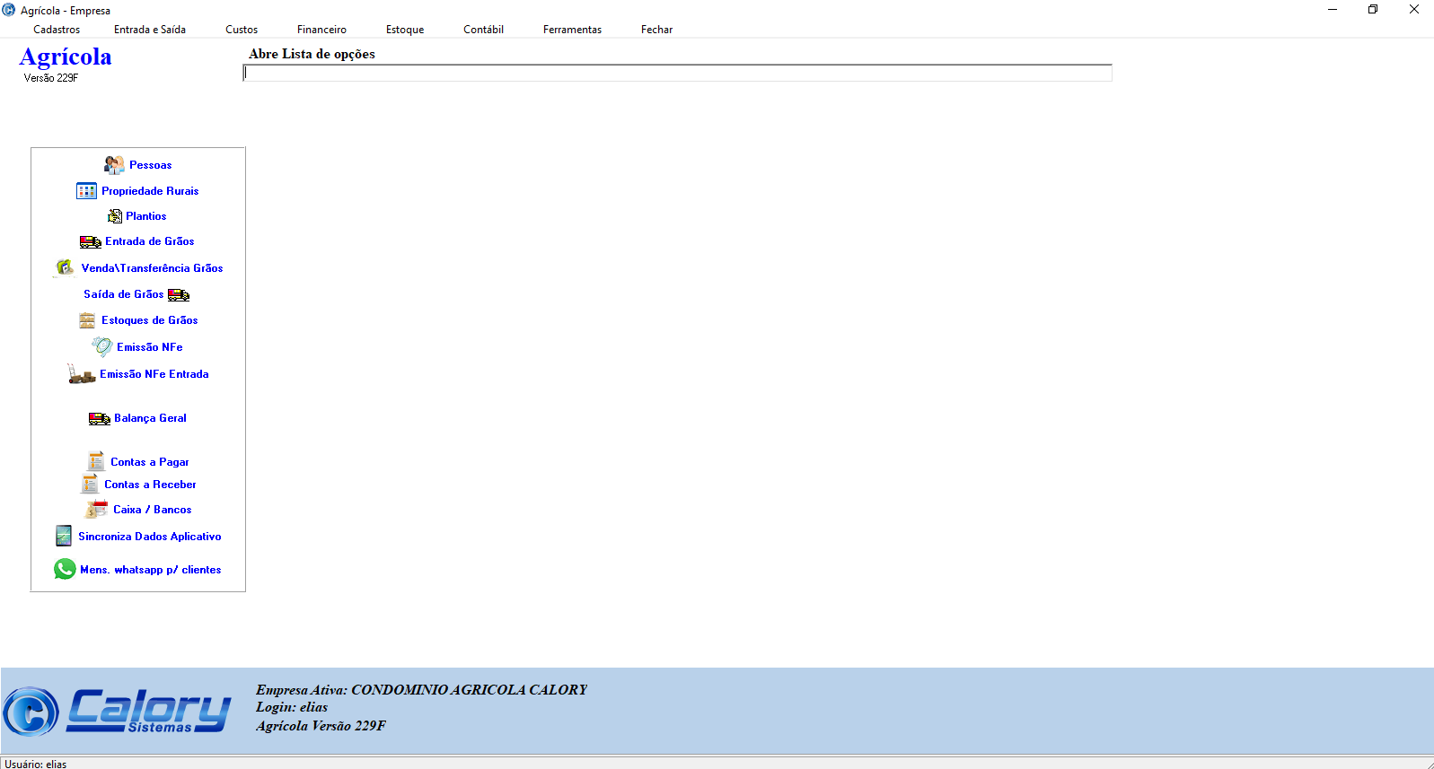 Print da tela inicial do sistema Calory